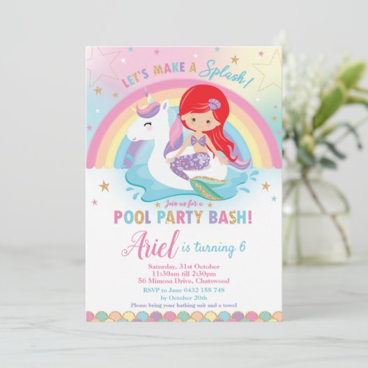 Mermaid Unicorn Pool Birthday Red Hair Girl Kaart (Staand voorkant)