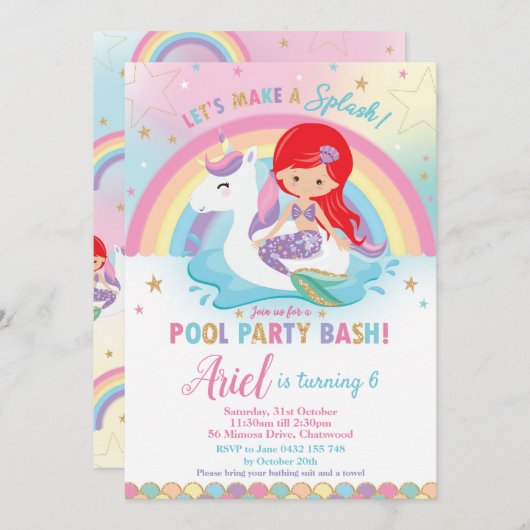 Mermaid Unicorn Pool Birthday Red Hair Girl Kaart (Voorkant / Achterkant)