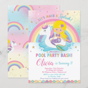 Mermaid Unicorn Pool Party Birthday Blonde Kaart