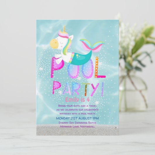 Mermaid Unicorn POOL Pink Glitter Girls Kaart (Staand voorkant)