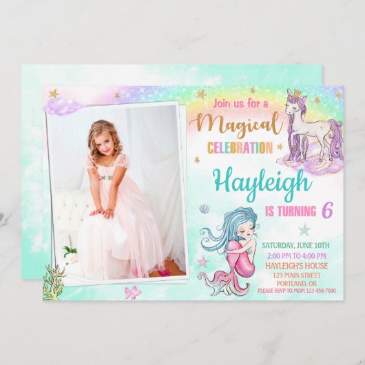 Mermaid Unicorn verjaardagsuitnodiging Magische pa Kaart (Voorkant / Achterkant)