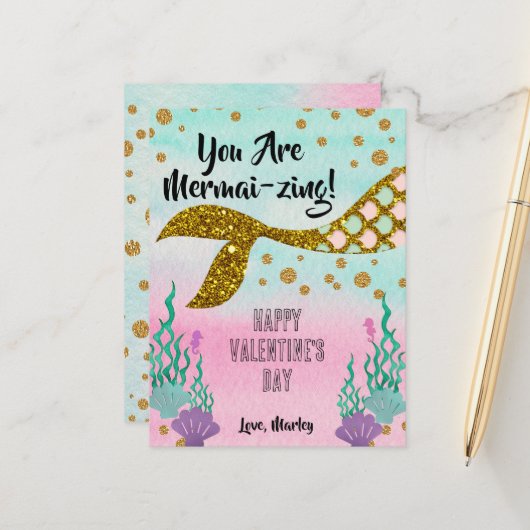 Mermaid Valentijns Classroom Kaart briefkaart (Voorkant / Achterkant in situ)