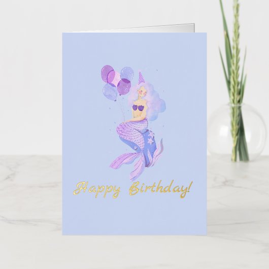 Mermaid Verjaardag Blauw Folie Wenskaart (Voorkant)