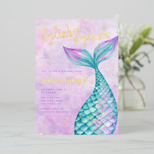 Mermaid Verjaardag Folie Uitnodiging (Staand Voorkant)