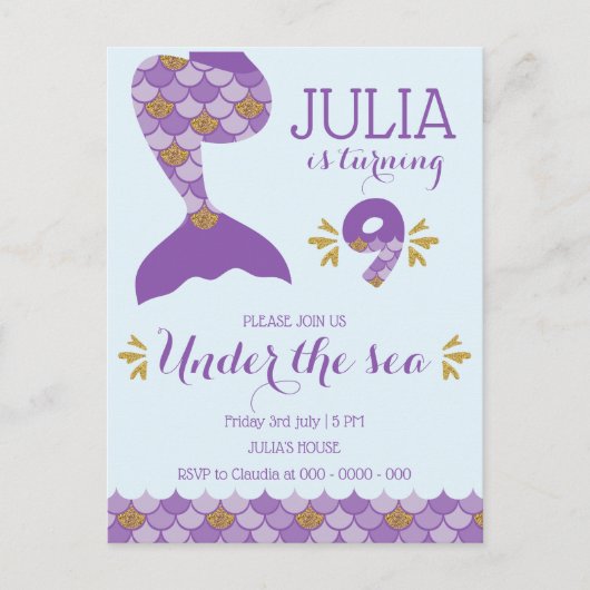 Mermaid Verjaardag Mermaid Nummer 9 Uitnodiging Briefkaart (Voorkant)
