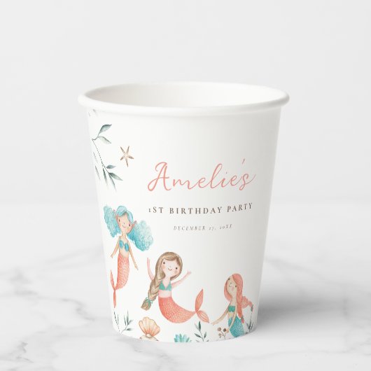 Mermaid Verjaardag Papieren Bekers (Voorkant)