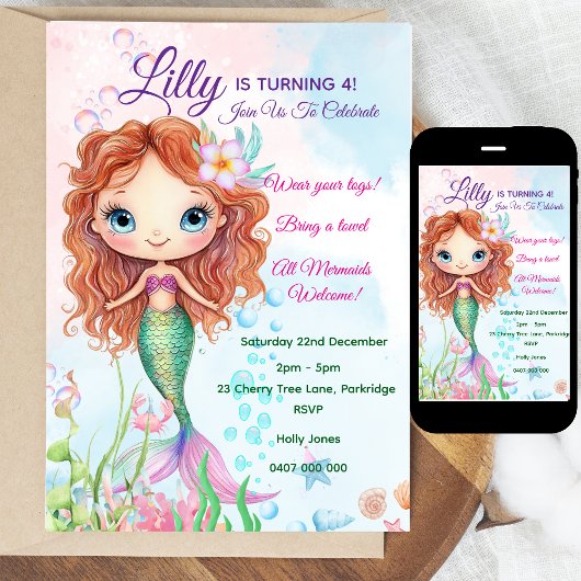 Mermaid Verjaardag Uitnodiging - Gepersonaliseerd