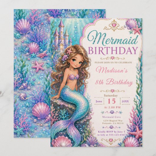 Mermaid Verjaardagsfeestje Kaart (Voorkant / Achterkant)