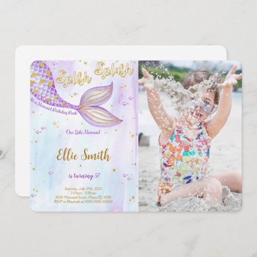 Mermaid verjaardagsfoto uitnodiging (Voorkant / Achterkant)