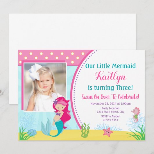 Mermaid verjaardagsuitnodiging, Mermaid Girl Party Kaart (Voorkant / Achterkant)