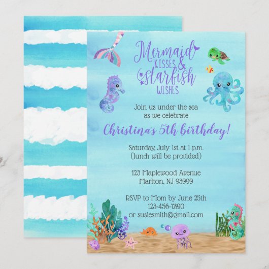 Mermaid verjaardagsuitnodigingen voor meisjes kaart (Voorkant / Achterkant)