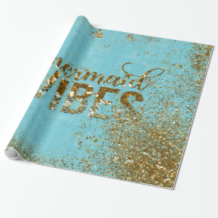 Mermaid Vibes - Gold Glitter Typografie over Blauw Cadeaupapier