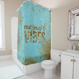 Mermaid Vibes - Gold Glitter Typografie over Blauw Douchegordijn
