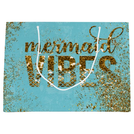 Mermaid Vibes - Gold Glitter Typografie over Blauw Large Cadeautasje (Voorkant)