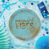 Mermaid Vibes - Gold Glitter Typografie over Blauw Papieren Bordje (Feest)