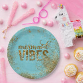 Mermaid Vibes - Gold Glitter Typografie over Blauw Papieren Bordje (Feest)