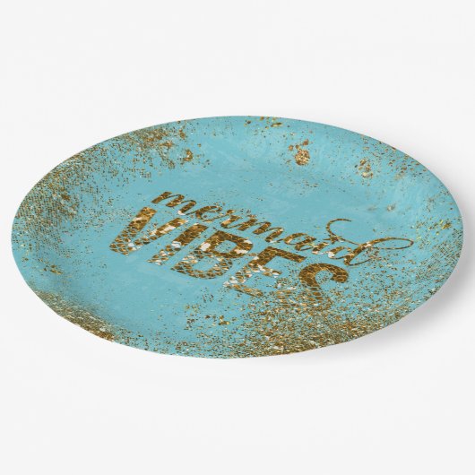 Mermaid Vibes - Gold Glitter Typografie over Blauw Papieren Bordje (Gekanteld)