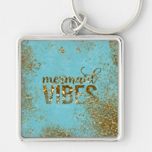 Mermaid Vibes - Gold Glitter Typografie over Blauw Sleutelhanger