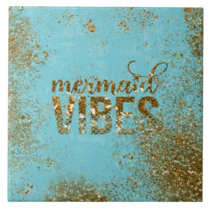 Mermaid Vibes - Gold Glitter Typografie over Blauw Tegeltje