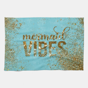Mermaid Vibes - Gold Glitter Typografie over Blauw Theedoek
