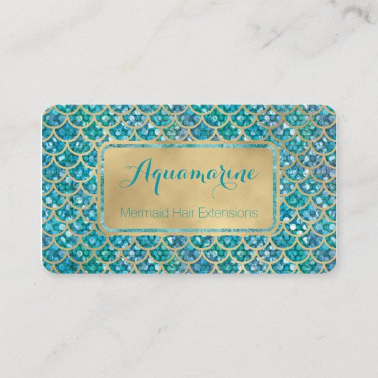 Mermaid Visitekaartjes Blauwgroen en Gold Sequin (Voorkant)