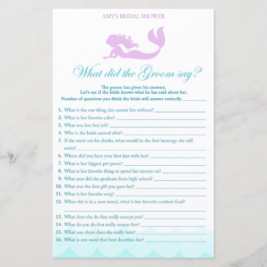 Mermaid Vrijgezellenfeest Game - Wat zei Groom? (Voorkant)