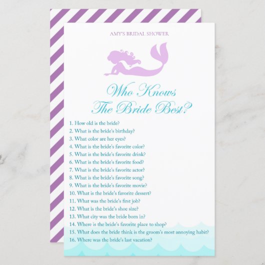 Mermaid Vrijgezellenfeest Game - Wie kent Bride Be (Voorkant / Achterkant)