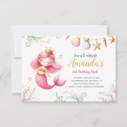 Mermaid watercolor Birthday Invitation Kaart (Voorkant)