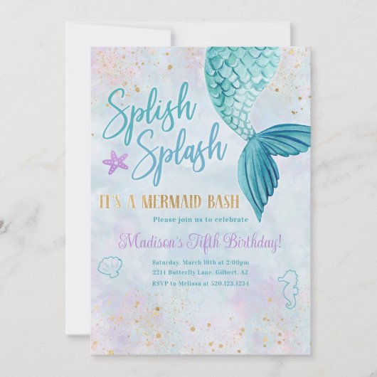Mermaid Watercolor Birthday Party Any Age Invite Kaart (Voorkant)