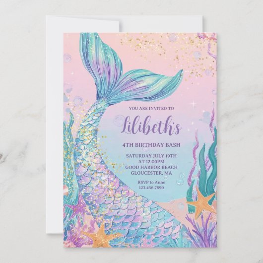 Mermaid Watercolor Verjaardag Kaart (Voorkant)