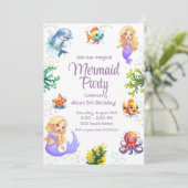 Mermaid watercolor verjaardagsuitnodigingskaart kaart (Staand voorkant)