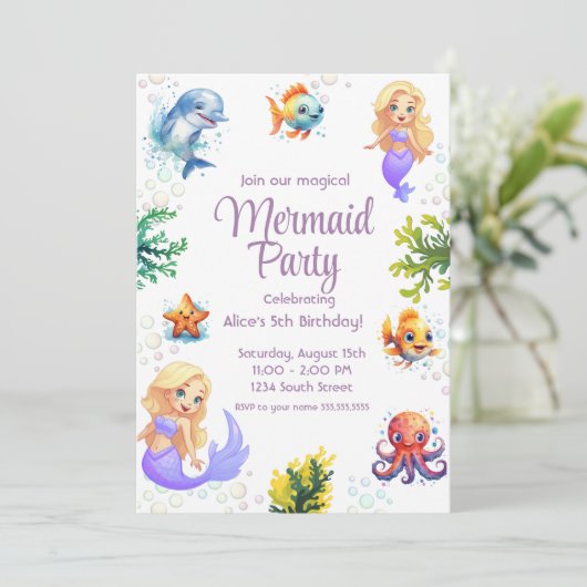 Mermaid watercolor verjaardagsuitnodigingskaart kaart (Staand voorkant)