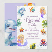 Mermaid watercolor verjaardagsuitnodigingskaart kaart (Voorkant / Achterkant)