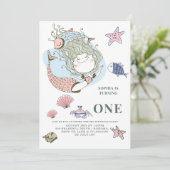Mermaid Waterverf 1e Birthday Party Invitation Kaart (Staand voorkant)