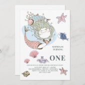 Mermaid Waterverf 1e Birthday Party Invitation Kaart (Voorkant / Achterkant)