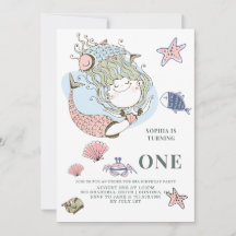 Mermaid Waterverf 1e Birthday Party Invitation