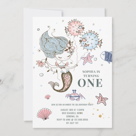 Mermaid Waterverf 1e Birthday Party Invitation Kaart (Voorkant)