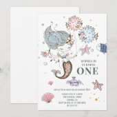 Mermaid Waterverf 1e Birthday Party Invitation Kaart (Voorkant / Achterkant)