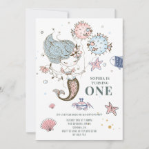 Mermaid Waterverf 1e Birthday Party Invitation