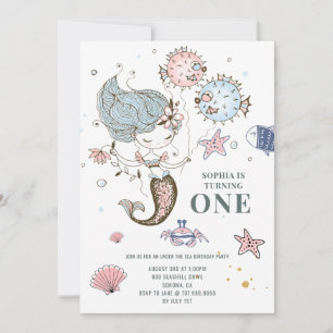 Mermaid Waterverf 1e Birthday Party Invitation Kaart