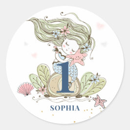 Mermaid Waterverf 1st Birthday Classic Round Stic Ronde Sticker