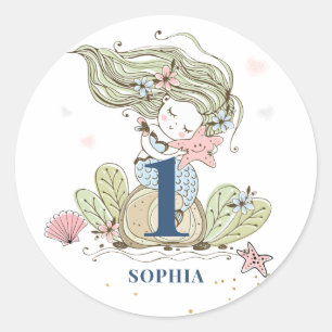 Mermaid Waterverf 1st Birthday Classic Round Stic Ronde Sticker