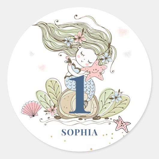 Mermaid Waterverf 1st Birthday Classic Round Stic Ronde Sticker (Voorkant)