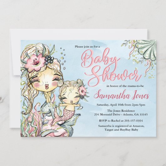 Mermaid Waterverf Baby shower Uitnodiging (Voorkant)