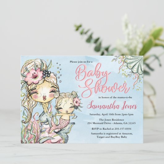 Mermaid Waterverf Baby shower Uitnodiging (Staand voorkant)