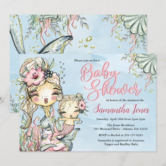 Mermaid Waterverf Baby shower Uitnodiging (Voorkant / Achterkant)