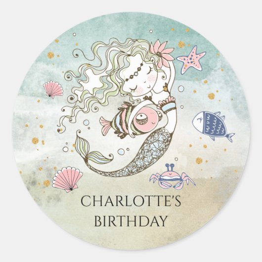 Mermaid Waterverf Birthday Sticker (Voorkant)