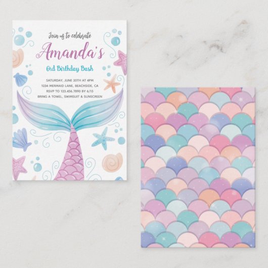 Mermaid waterverf Birthday Uitnodiging (Voorkant / Achterkant)