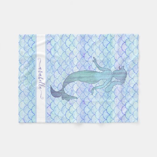 Mermaid Waterverf Blue Fish Scale Pattern Name Fleece Deken (Voorkant (Horizontaal))