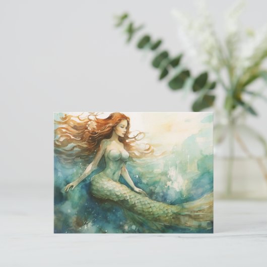 Mermaid Waterverf Briefkaart (Staand voorkant)